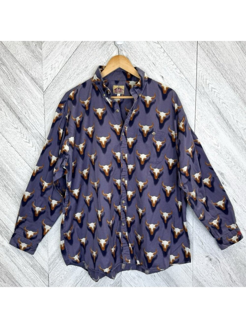Barn Fly Western Shirt Mens Large Longhorn Steer Skull Print Cowboy Rodeo Ranch